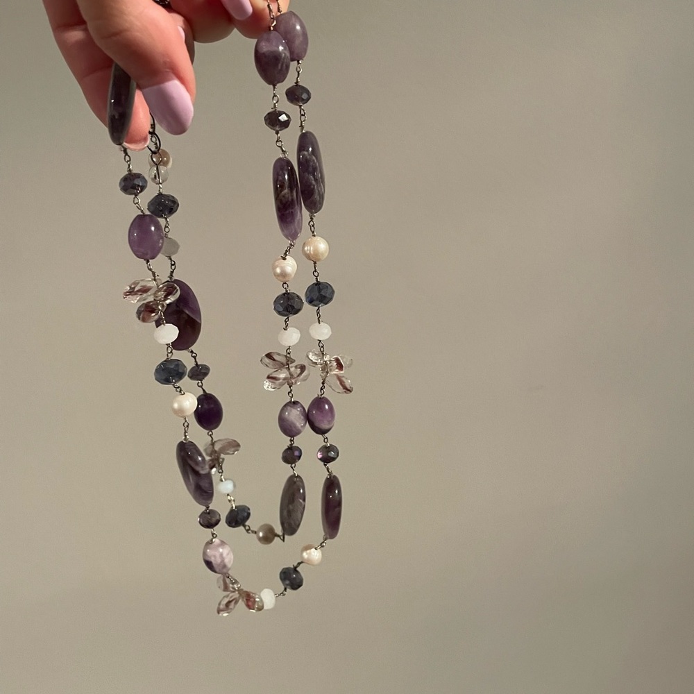 Beaded purple 35” long necklace